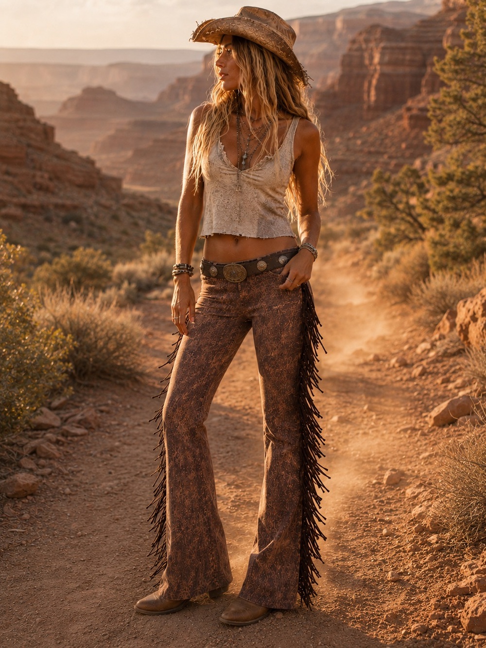 Brown Fringed Boot Cut Leather-Effect Pants